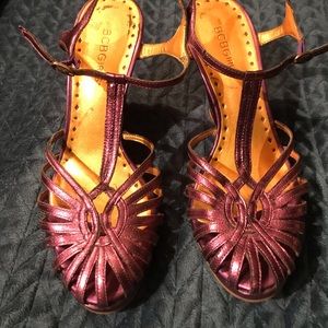 BCBG leather and satin purple wedge size 7.5